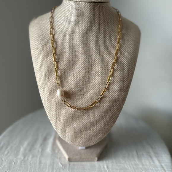 18K GOLD PLATED PAPERCLIP SINGLE REAL PEARL 18” - Picture 2 of 7